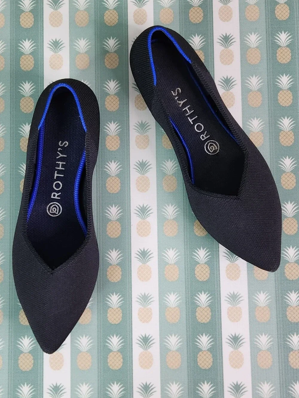 Rothy's Black Pointed Toe Knit Flats with Blue Trim